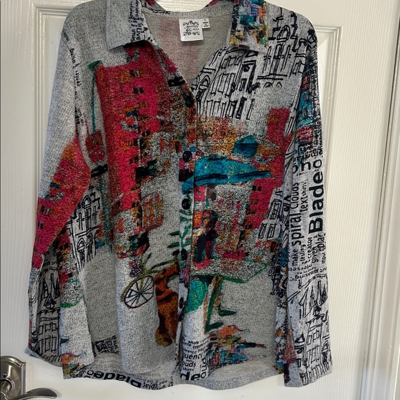 Parsley & Sage button up sweater top Grey/Multi Long Sleeve Zig Zag Notch Neck L - Picture 1 of 10